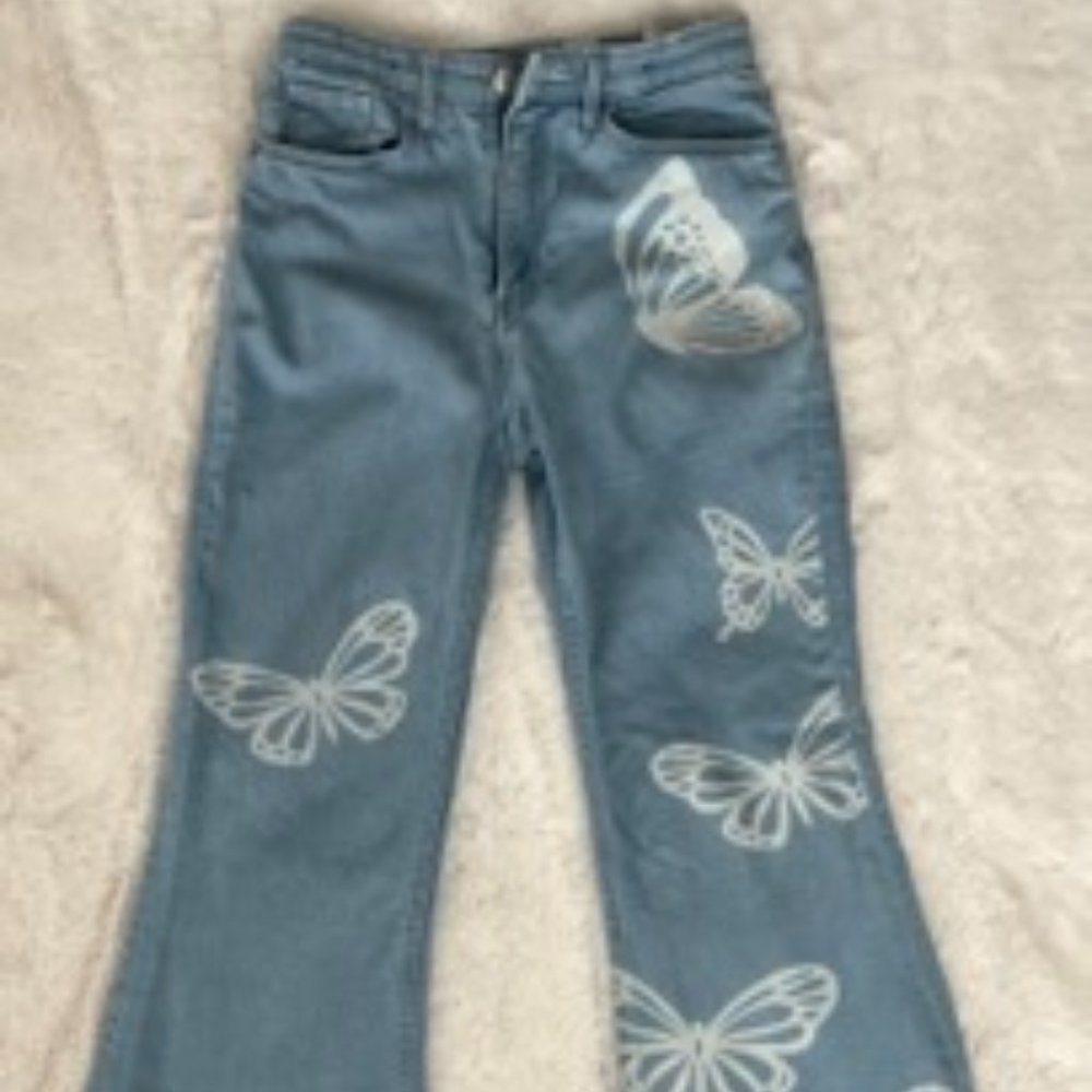 Girls Boot Cut Jeans High Rise Butterfly Painted Medium Wash